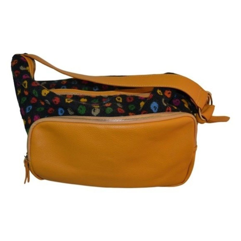 Galian Large Knit & Vegan Leather Handbag Black and Camel w/Multi-Color Designs